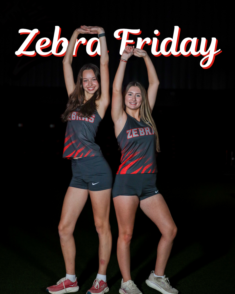 Two cross country runners posing on Zebra Friday graphic.