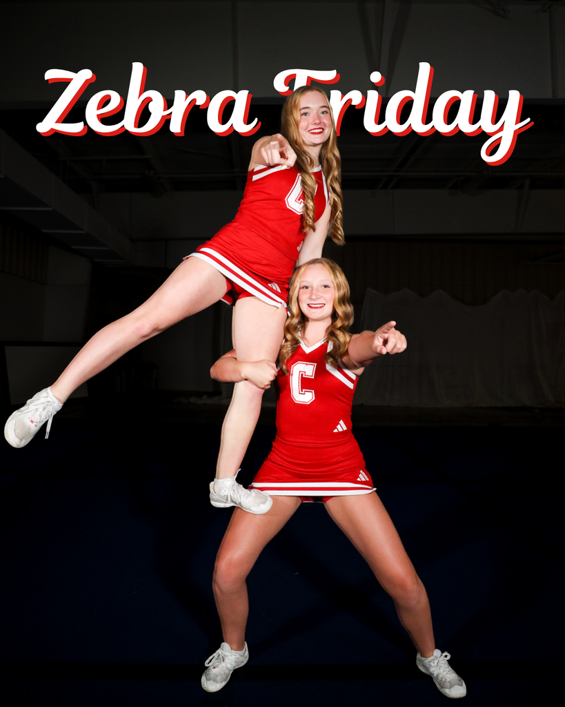 Two Zebra cheerleaders posing on Zebra Friday graphic.