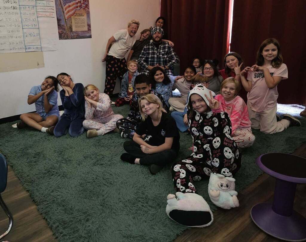 students wearing pjs or blue