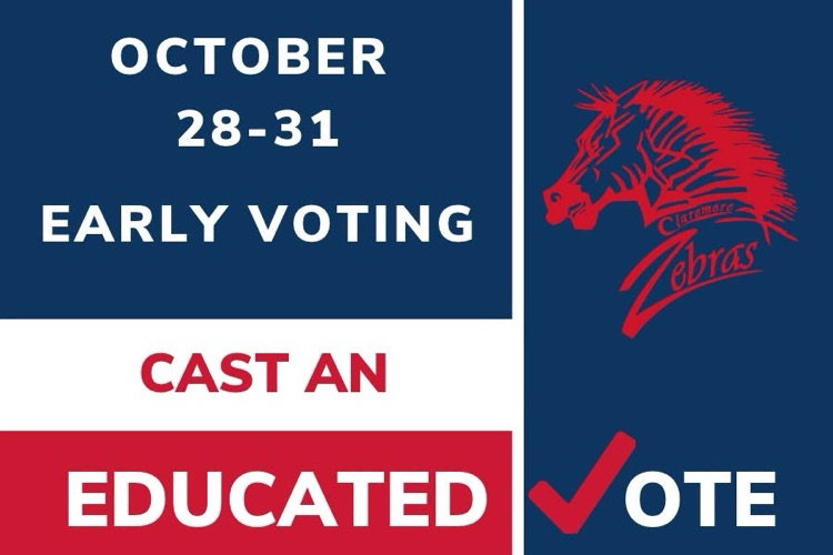 Zebra logo on red, white, blue background with early voting dates.