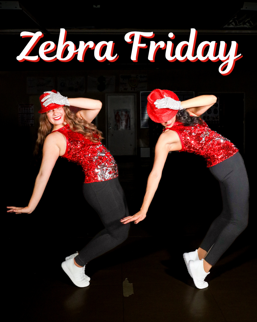 Two Zebra dancers pose in red sequined tops and hats against a dark background. Text reads “Zebra Friday.”