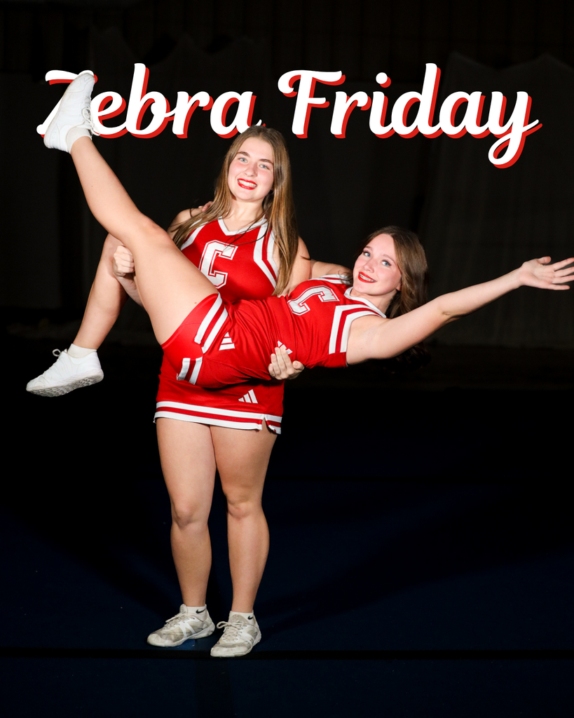 Two Claremore cheerleaders pose in red uniforms, with one holding the other. Text reads “Zebra Friday.”