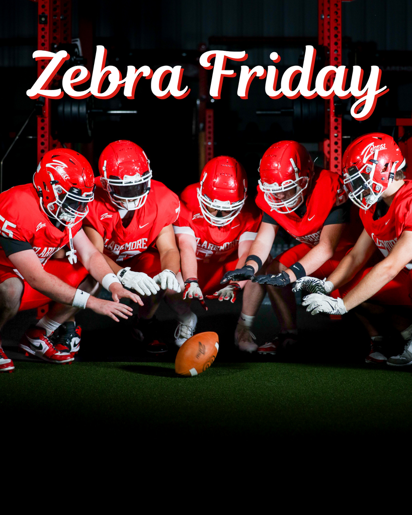 Five Claremore football players in red uniforms crouch around a football. Text reads “Zebra Friday.”