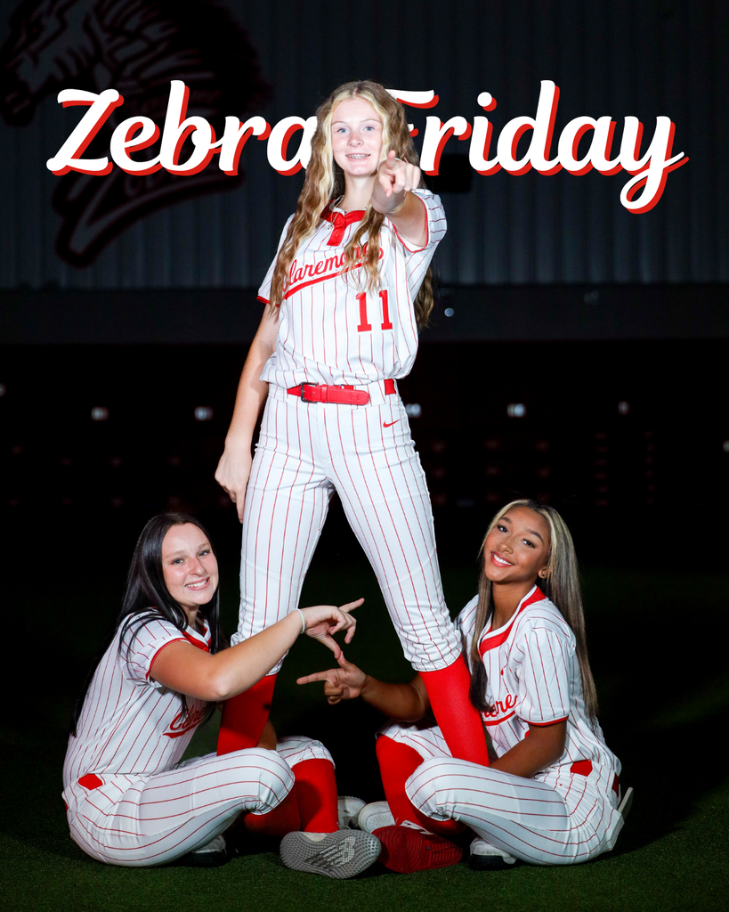 Three Claremore softball players pose together in white pinstriped uniforms. Text reads “Zebra Friday.”