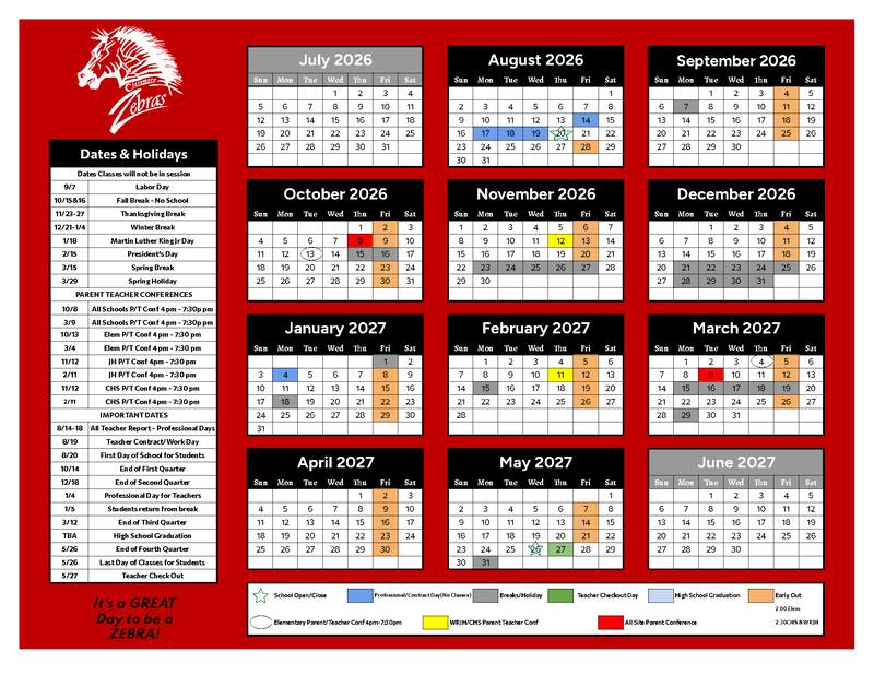 daily calendar that is color coded with the dates liste below