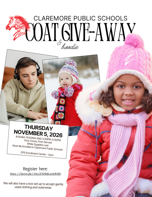 Young adult and kids with coat, hat, and hoodie - details of flyer below