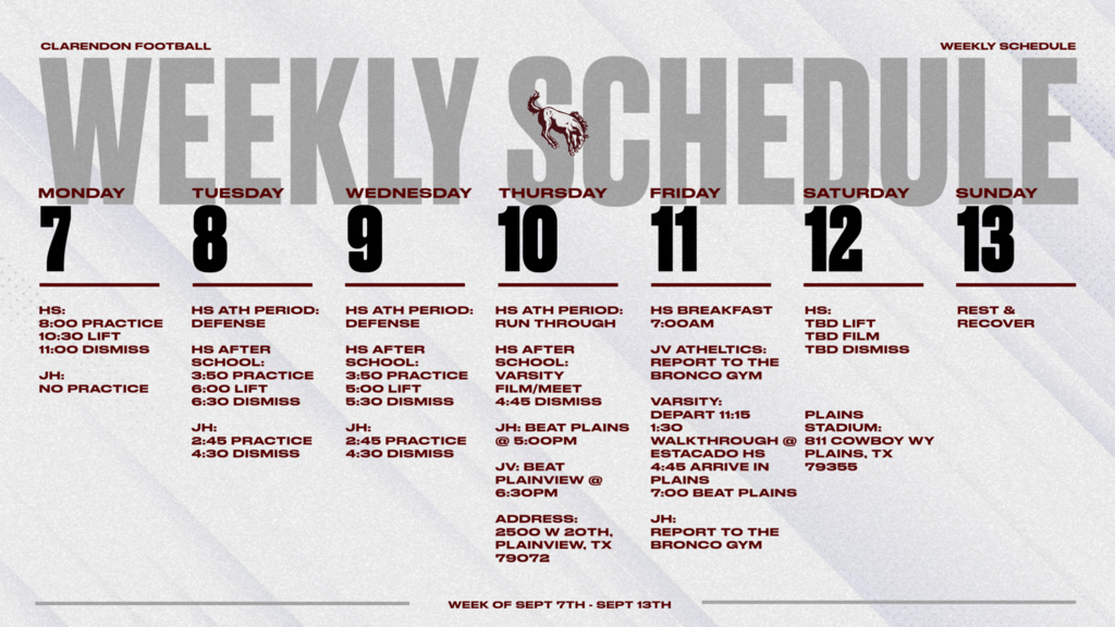 Bronco Football Weekly Schedule
