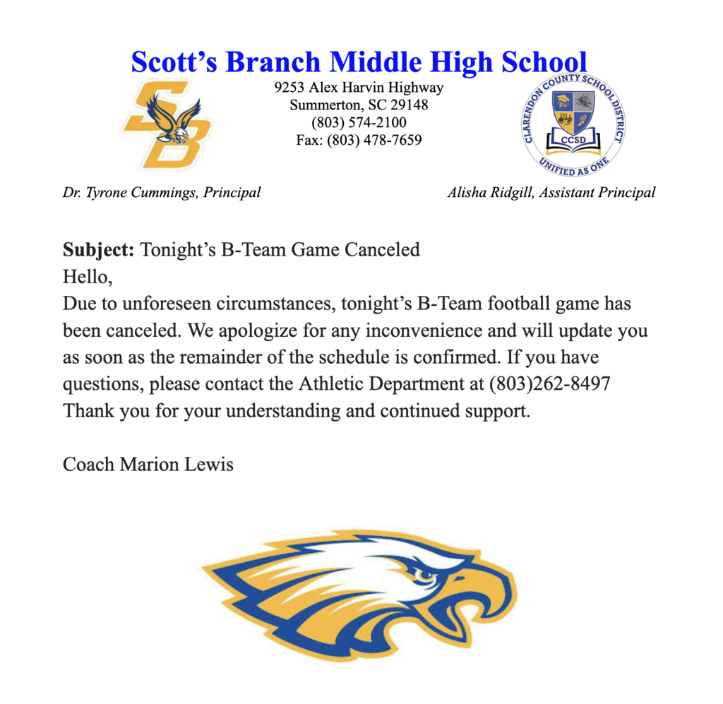 B Team Game Canceled for 8/27/25