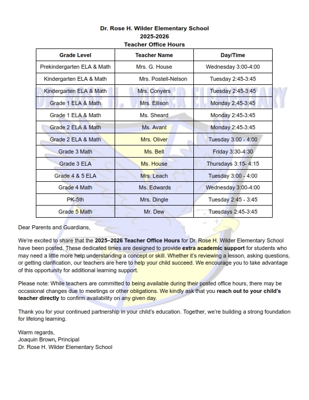 Dr. Rose H. Wilder Elementary School 25-26 Teacher Office Hours