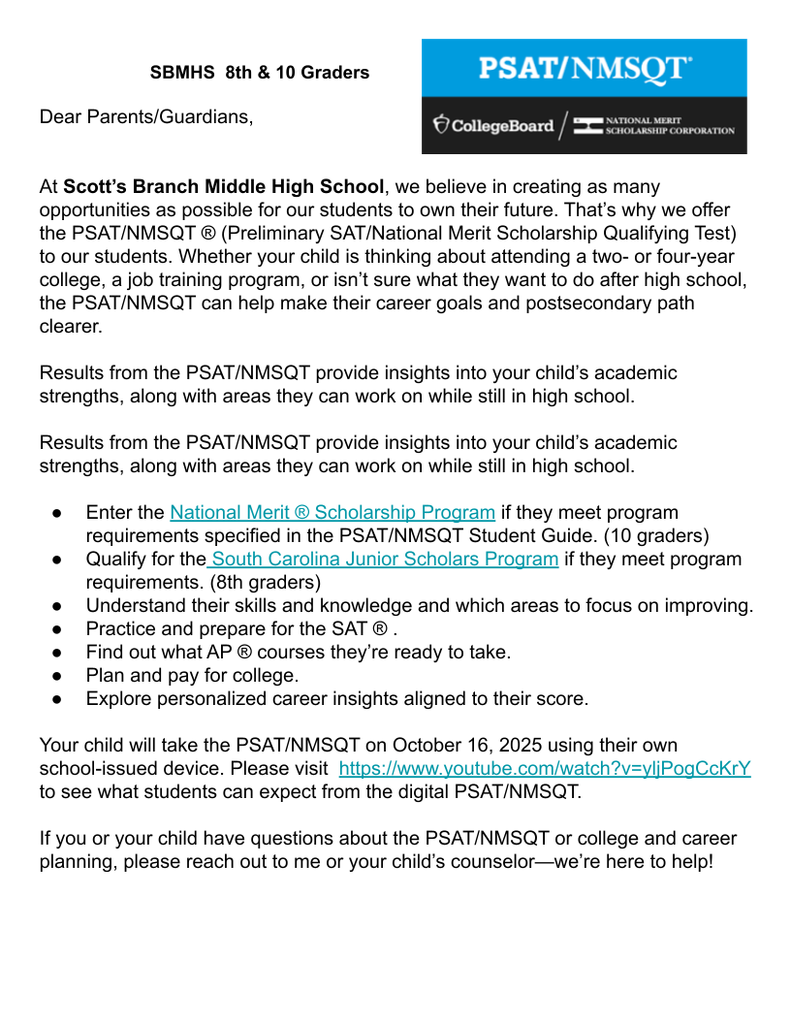 PSAT Parent Letter