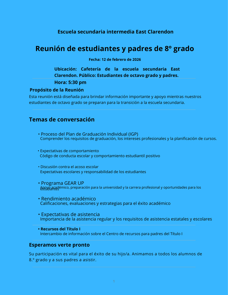 8th Grade Parent Meeting - Spanish