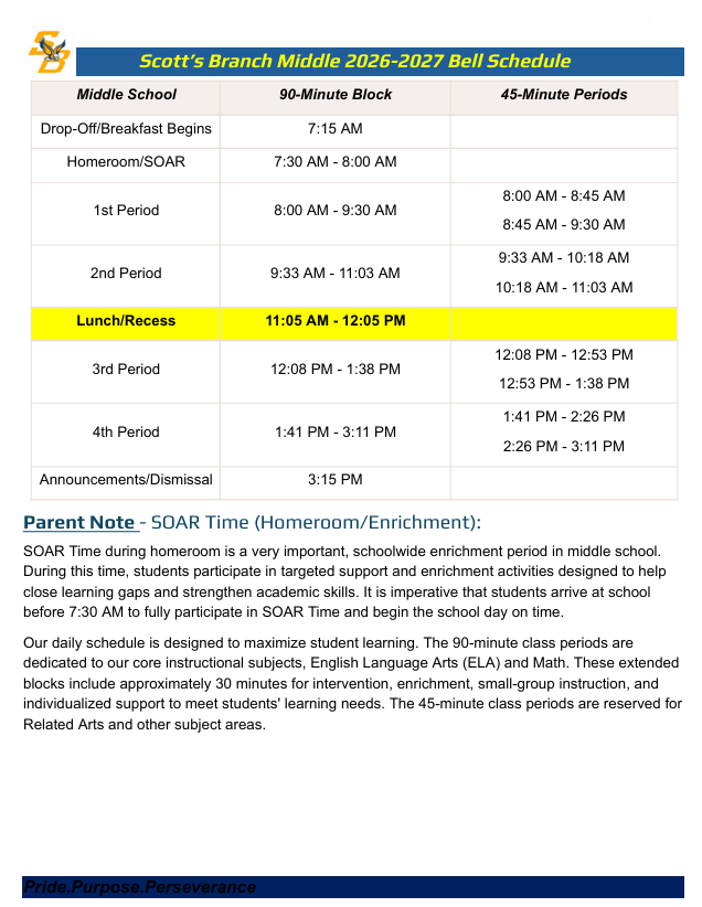 Middle School Bell Schedule 2026-27