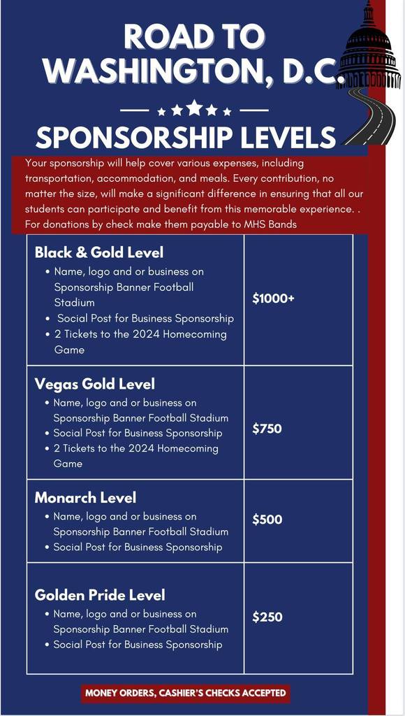 Sponsorship Levels for MHS band's trip to DC