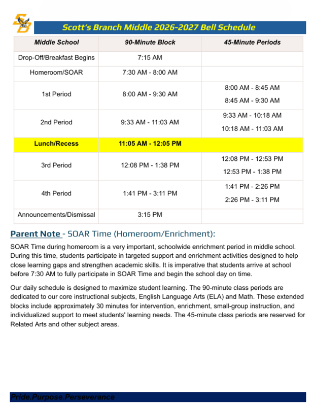 Middle School Bell Schedule 2026-27