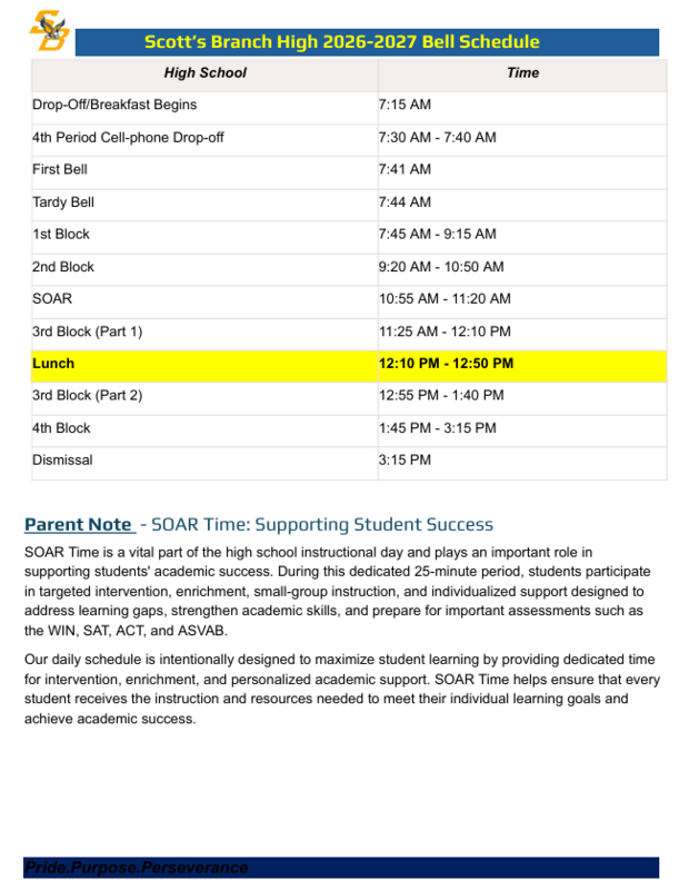 High School Bell Schedule 2026-27