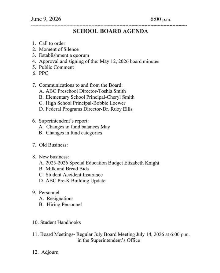 June 9, 2026 Board Agenda