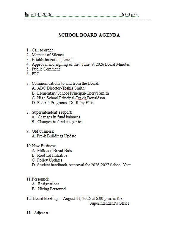 July 14, 2026 Agenda