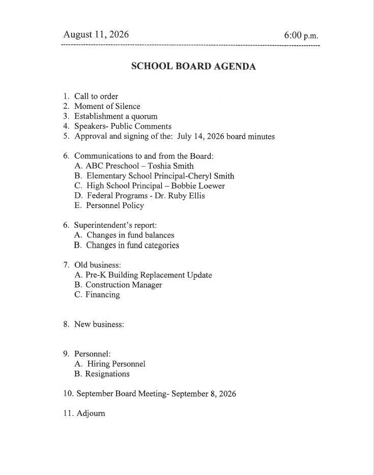 August Board Agenda