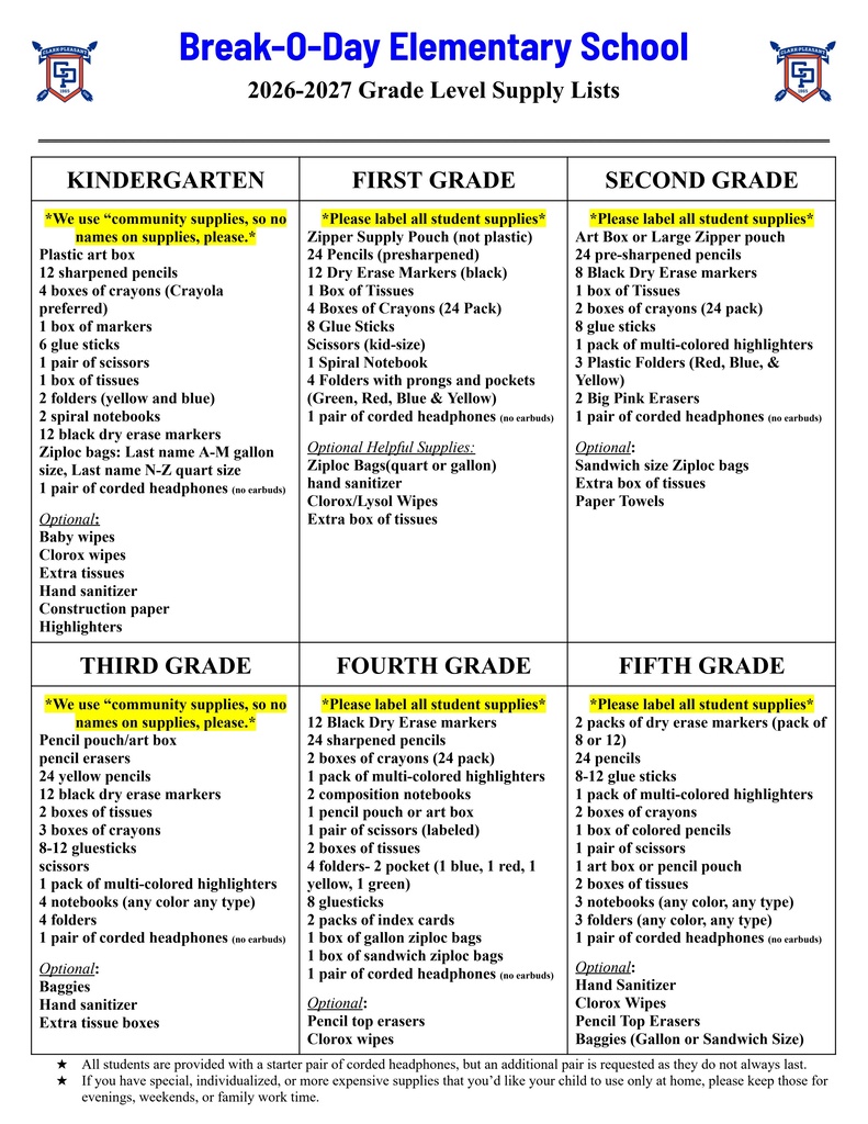 School Supply lists