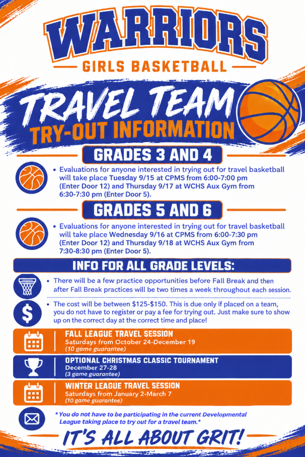 Girls Basketball travel team tryout flyer