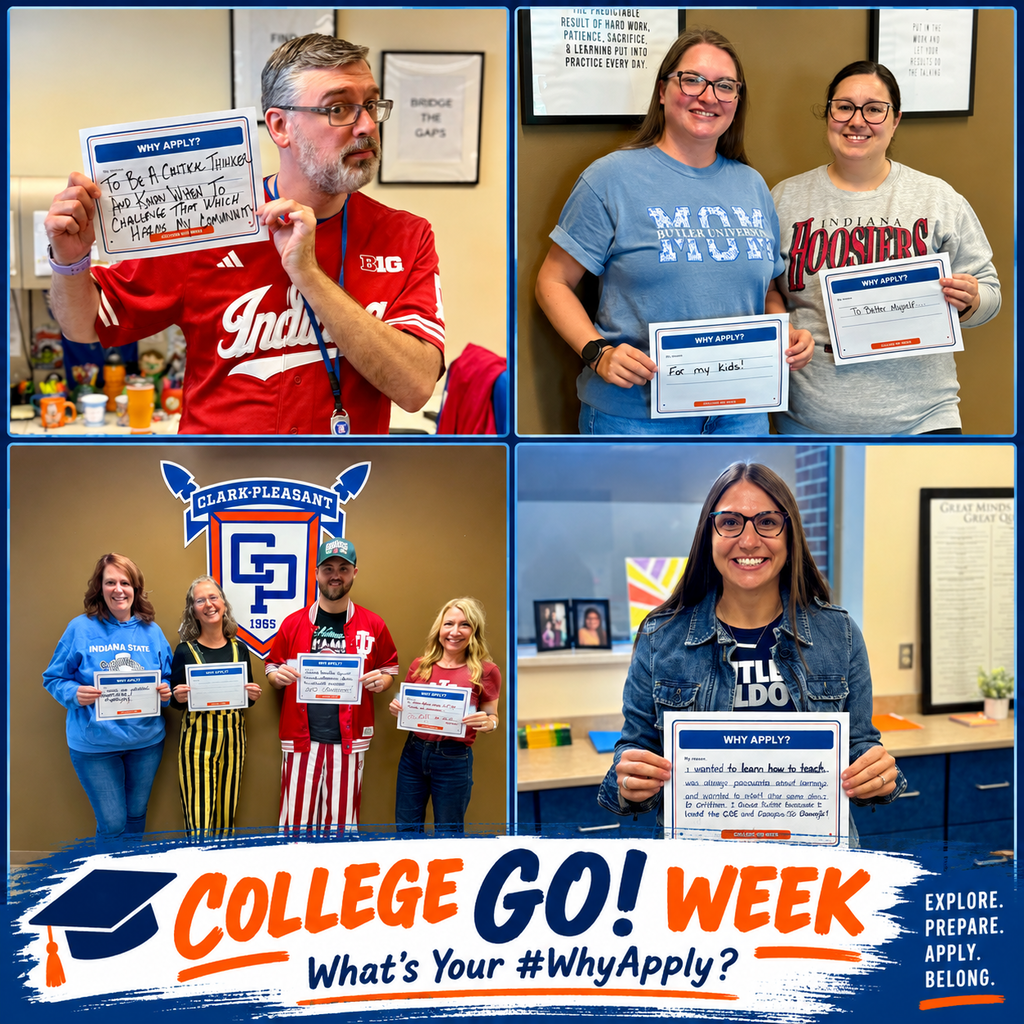 College Go week frame with admin in college clothes