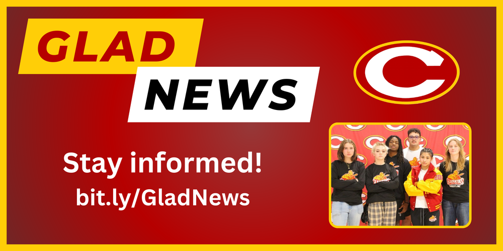 Glad News title and link with picture of CCHS wrestlers