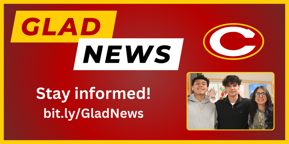 Glad News title and link with picture of 3 students on the first day of spring semester