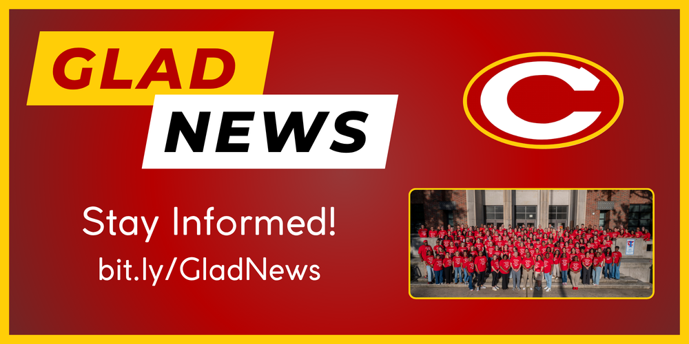 Glad News title and link (bit.ly/GladNews) with picture of CCHS Faculty and CCHS "C" logo