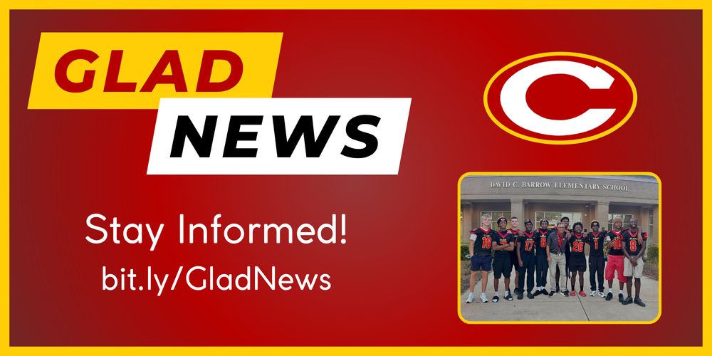 Glad News link and title with picture of CCHS football players and Coach outside Barrow Elementary