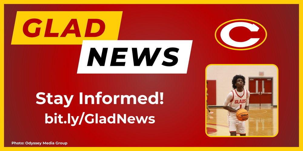 Glad News title and link with picture of a boys basketball player shooting a free throw