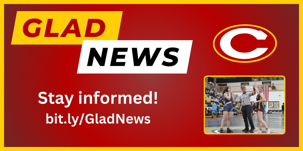 Glad News title and link with picture of CCHS wrestler after winning a match