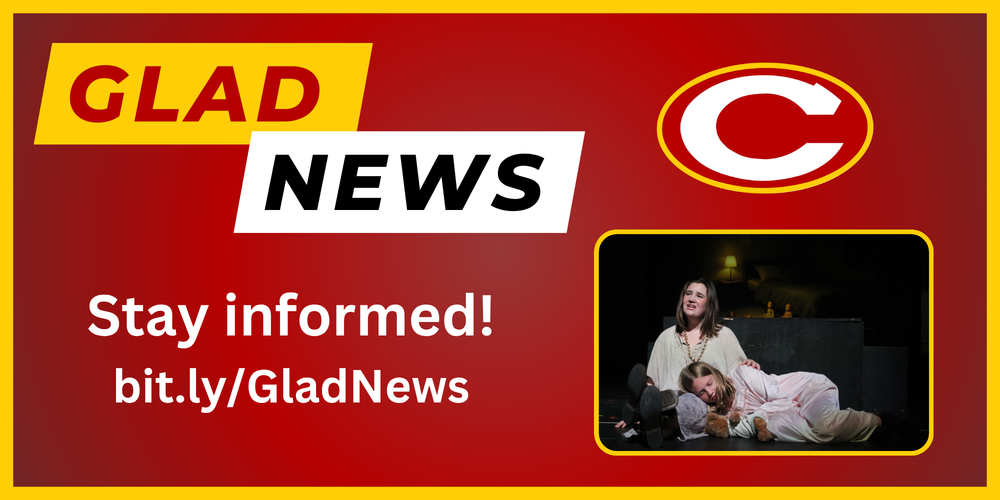 Glad News title and link with picture of students in the Fall Musical