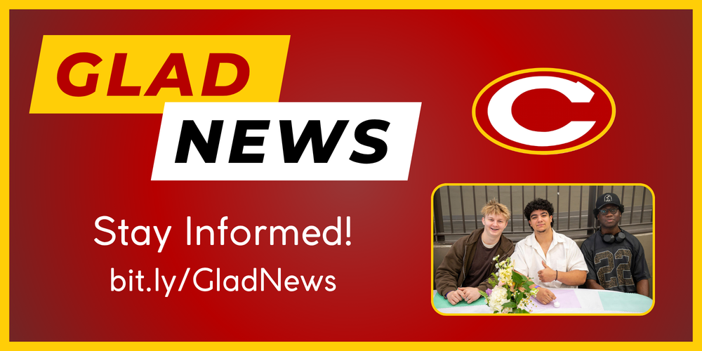 Glad News title and link with picture of three students at Senior Brunch