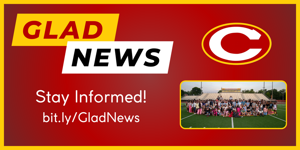 Glad News title, Stay Informed, bit.ly/GladNews, picture of seniors at Senior Sunrise, CCHS "C" logo