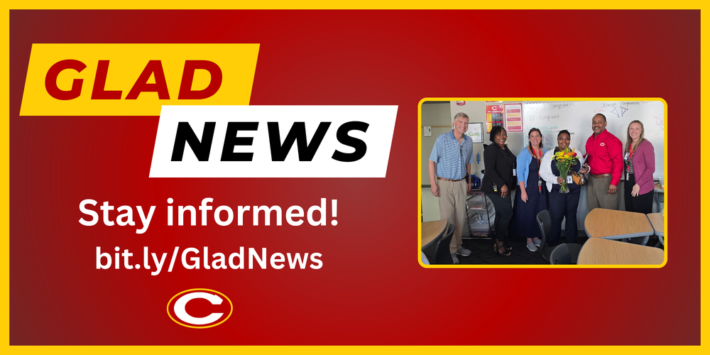 Glad News title and link with picture of CCHS administrators  and teacher of the year