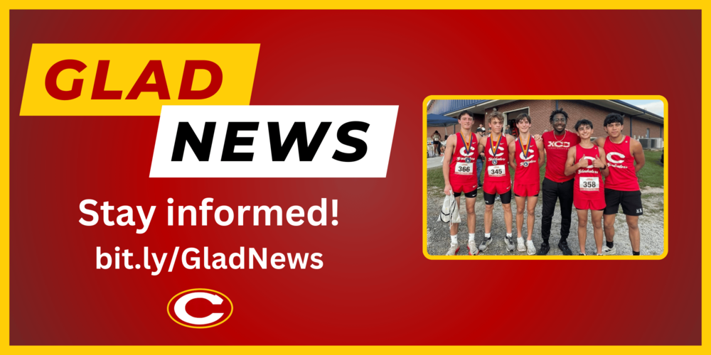 Glad News title and link with picture of boys cross country team members