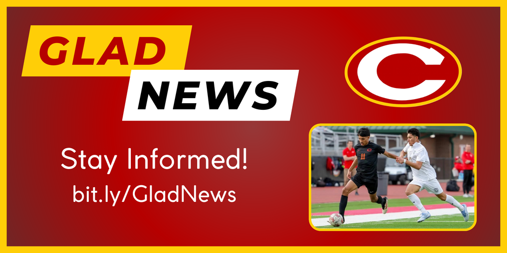 Glad News title and link with picture of CCHS soccer player during a game
