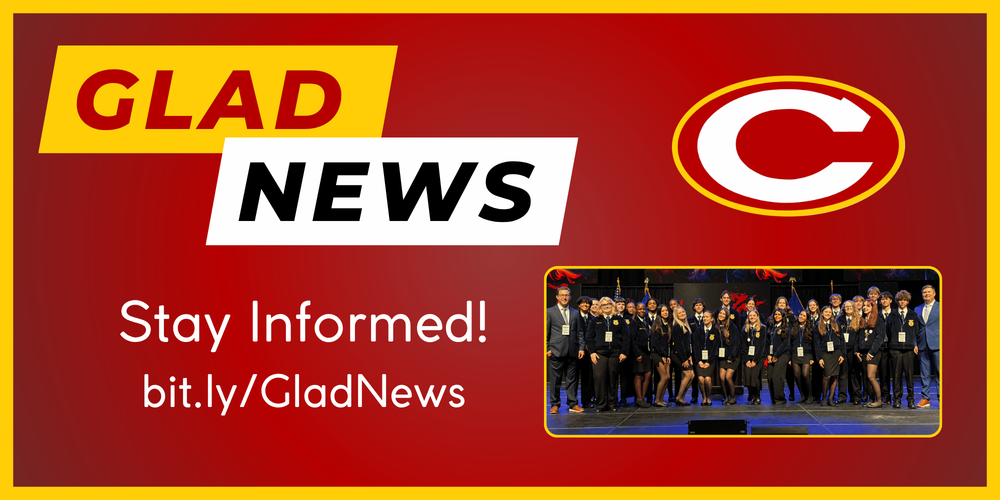Glad News title and link with picture of CCHS FFA students at the State FFA Convention