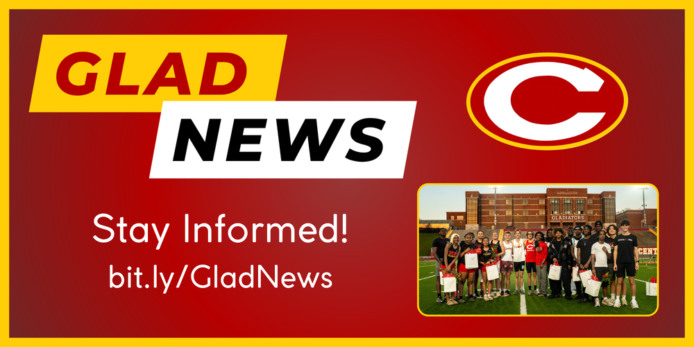 Glad News title and link with picture of track and field athletes at senior night