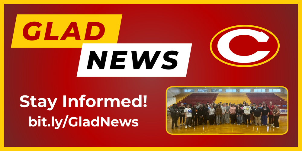 Glad News title, link, and picture of student and staff volunteers at last week's Family Food Market standing in the gym