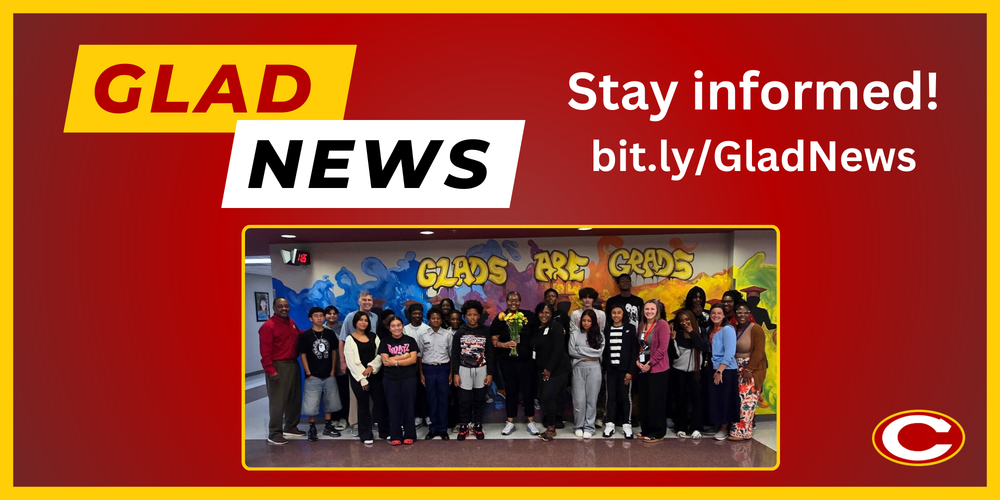 Glad News title and link with picture of teachers and students