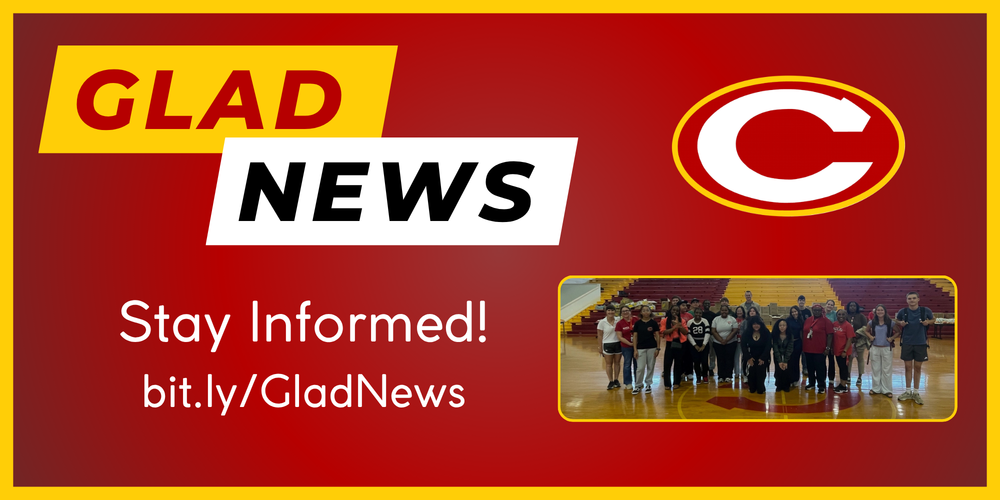 Glad news title and link with picture of students in the Crawford Gym who have helped with the family food market