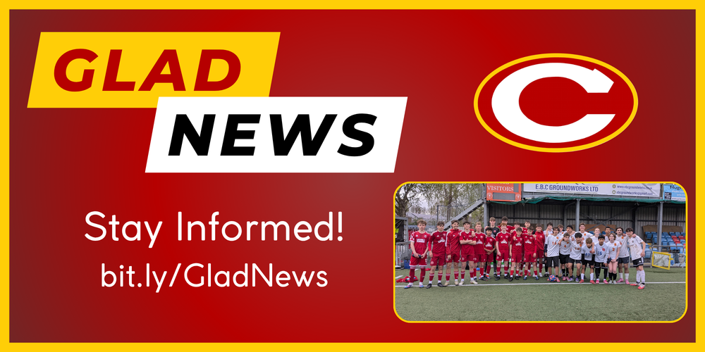 Glad News title and link with picture of CCHS soccer players standing with British club soccer players during their trip to England