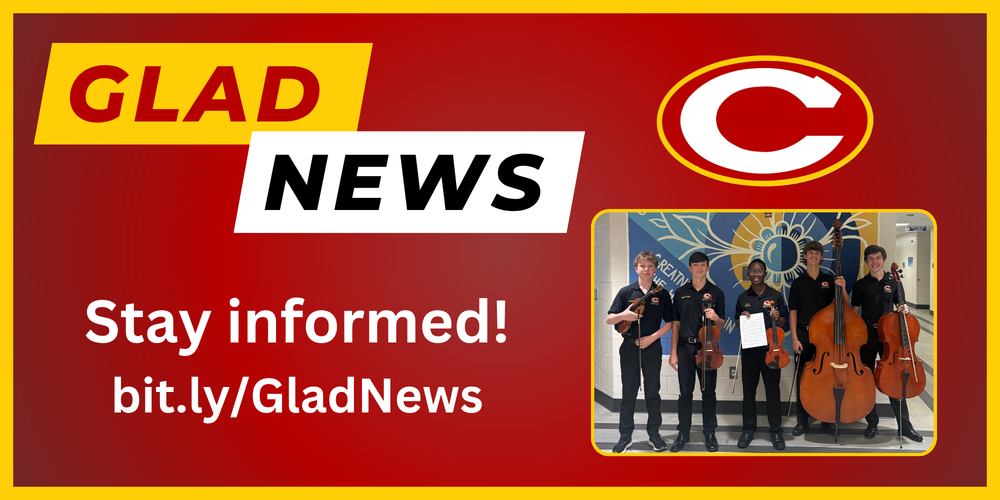 CCHS Glad News title and link with picture of CCHS orchestra students and their instruments