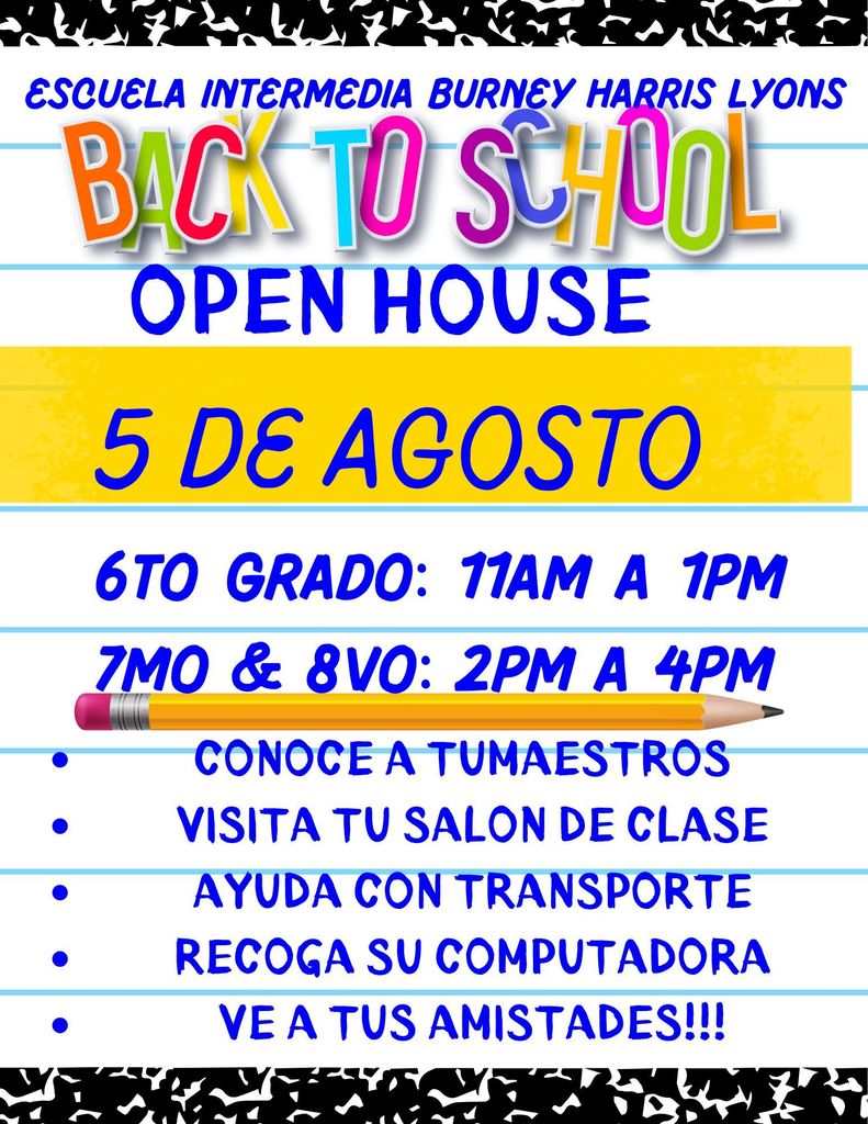 Back to School Open House August 5th flyer. 