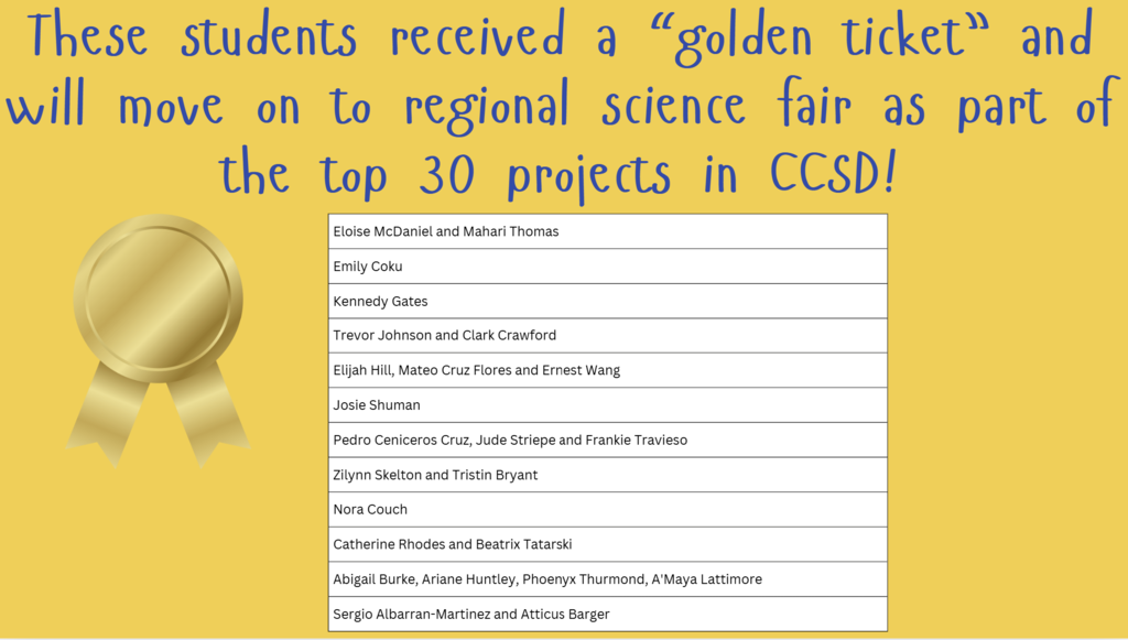 List of Students moving on to Regional Science Fair.