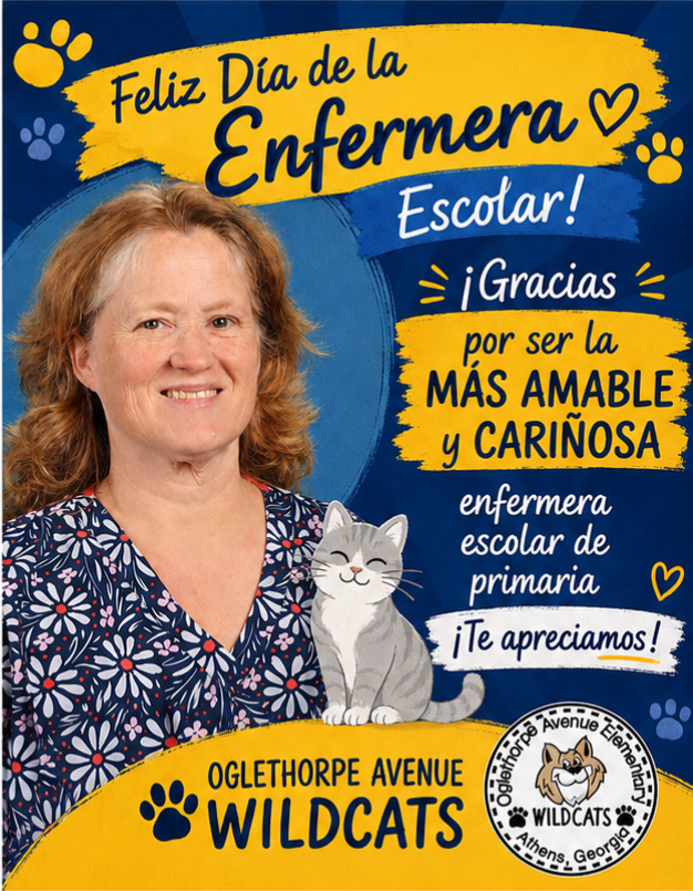 School Nurse Appreciation Flyer shows Nurse Laurie with celebratory text in spanish