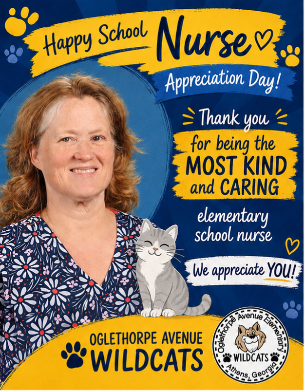 School Nurse Appreciation Flyer shows Nurse Laurie with celebratory text.