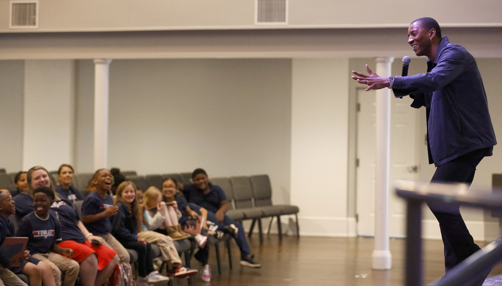 Malcolm Mitchell speaking to students