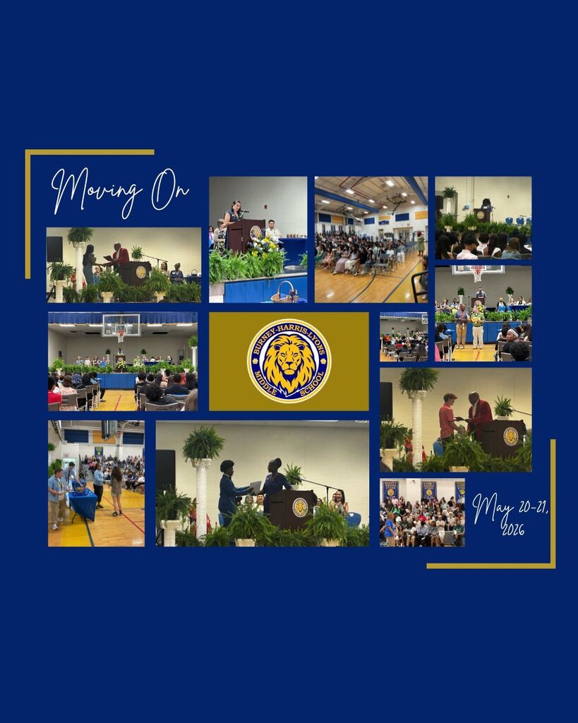 A photo collage on a blue background with the BHL logo of the lion in the middle. The photos are different sizes, both squares and rectangles. Each photo shows a phtograph from either the 6th, 7th, or 8th grade awards and moving on ceremony. There are 11 photos from the events.